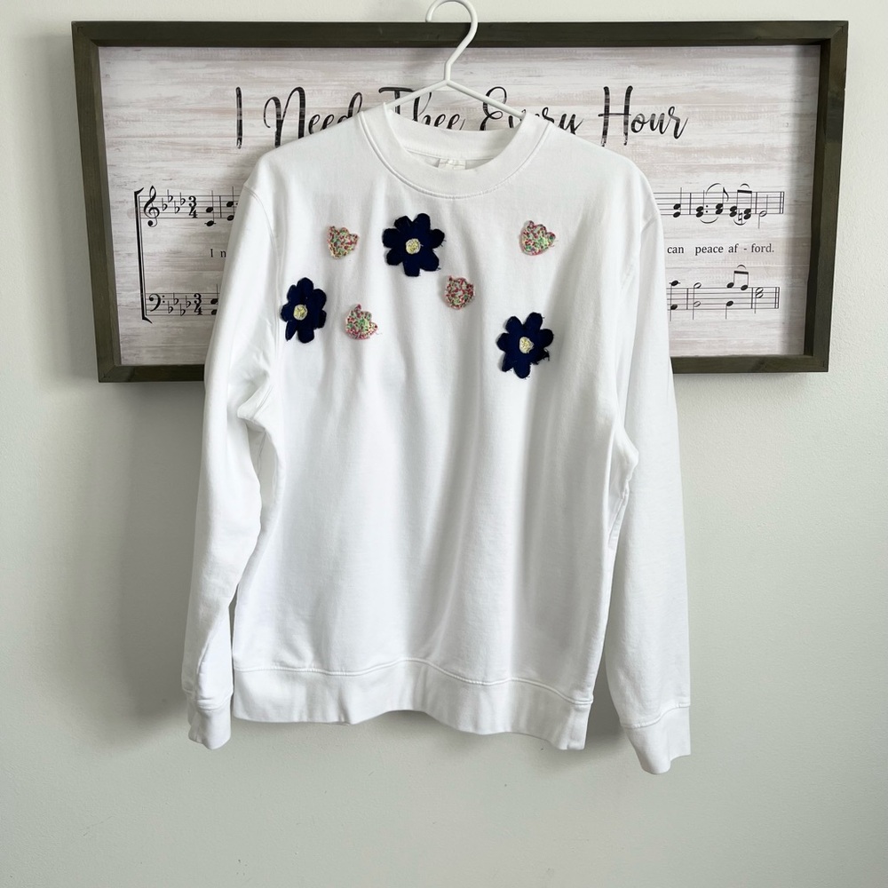 Makers Market White Sweater with Navy Floral Accents